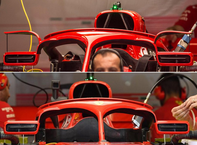 Staré (nahoře) a nové (dole) uchycení zpětných zrcátek Ferrari