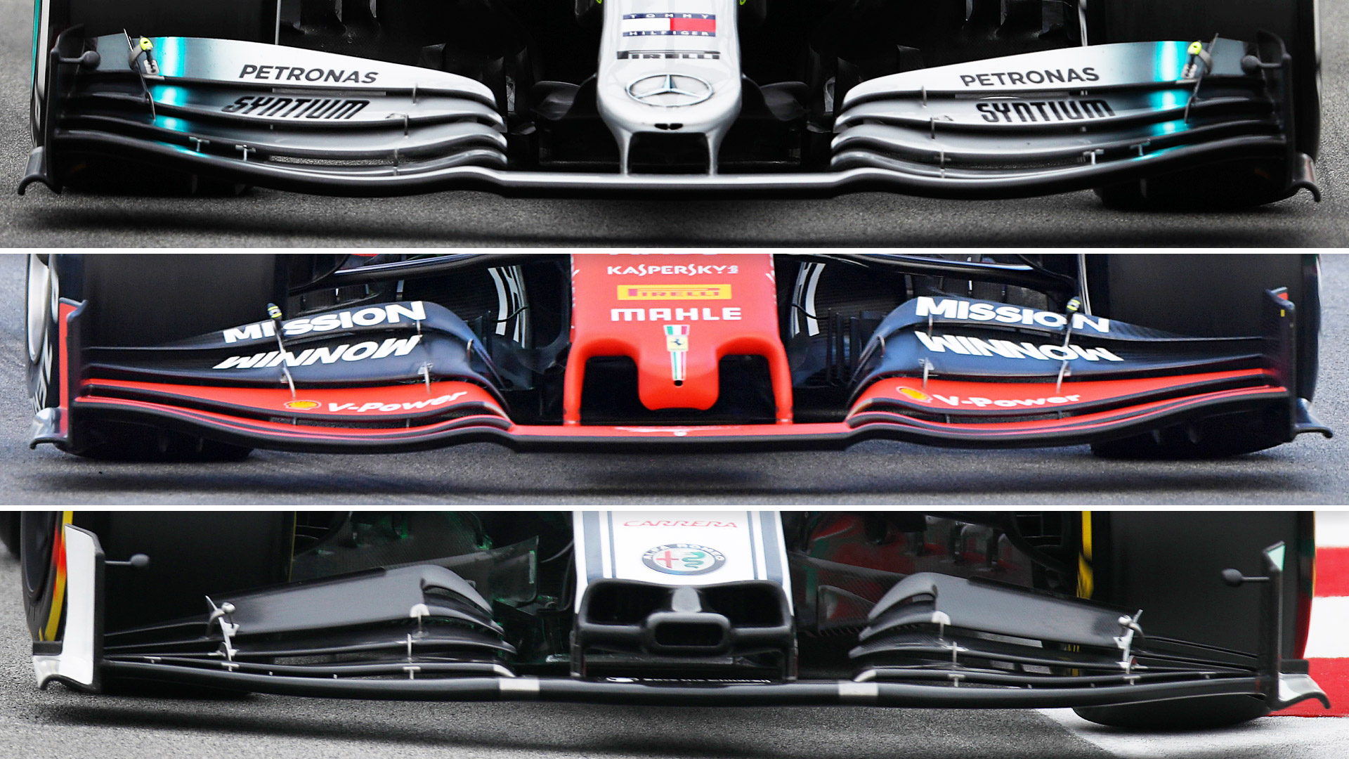 Srovnání předních křídel Mercedesu, Ferrari a Alfy Romeo (shora dolů)