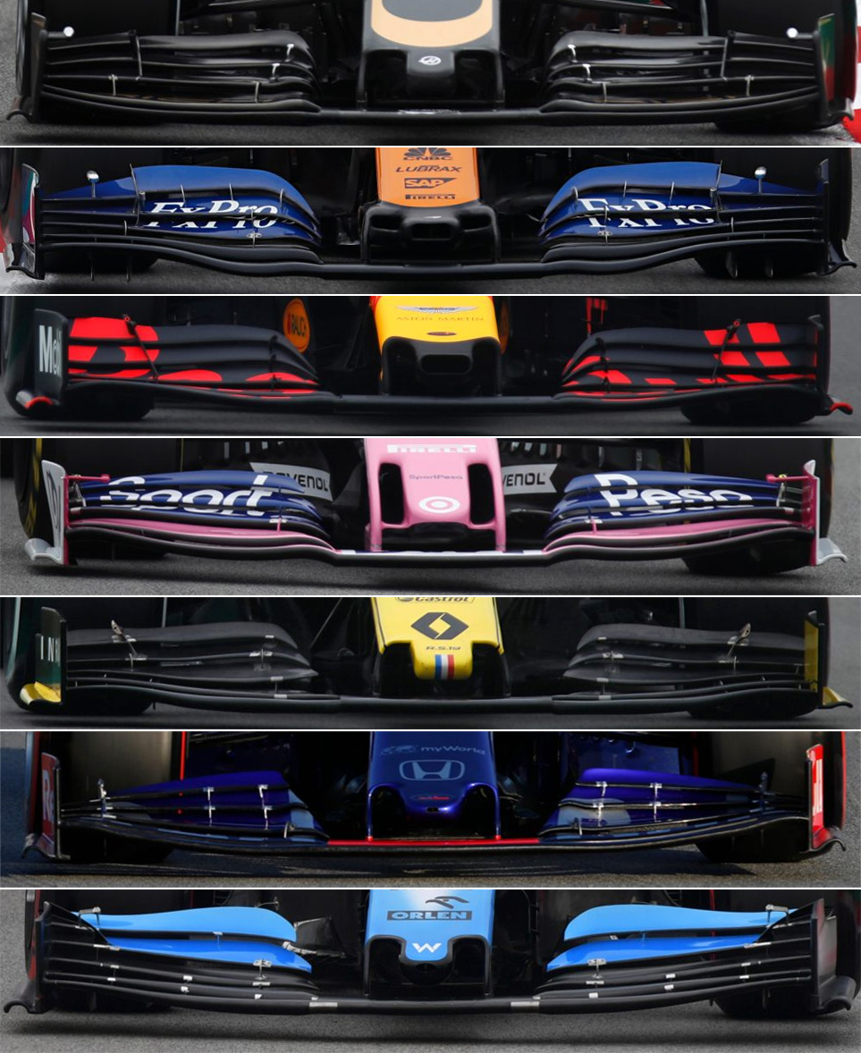 Přední křídla ostatních týmů: Haas, McLaren, Red Bull, Racing Point, Renault, Toro Rosso a Williams (shora dolů)