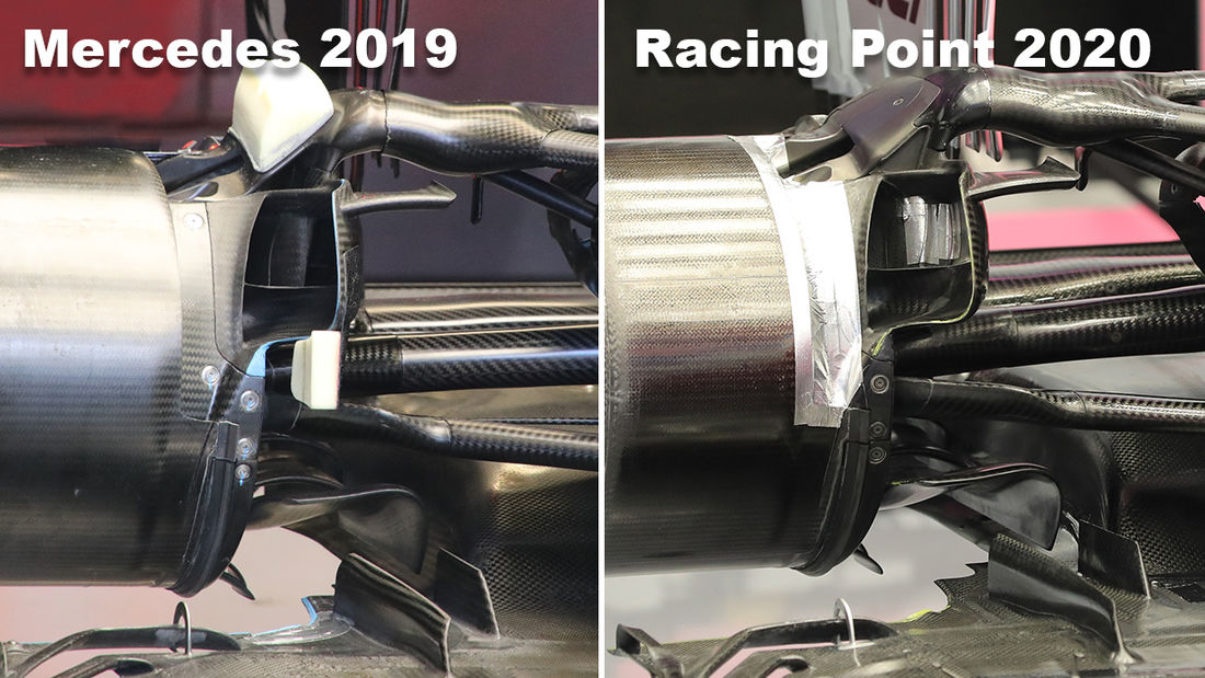 Zadní brzdové kanálky loňského Mercedesu a letošního Racing Pointu - zkonstruovány dle stejných CAD výkresů