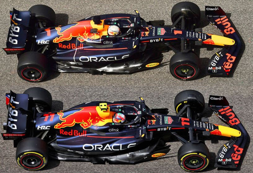Srovnání staršího (nahoře) a novějšího Red Bull RB18 s novými bočnicemi