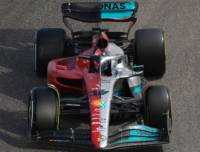 Porovnání Ferrari F1-75 s širokými bočnicemi (vlevo) s Mercedesem W13 s ultra-úzkými bočnicemi