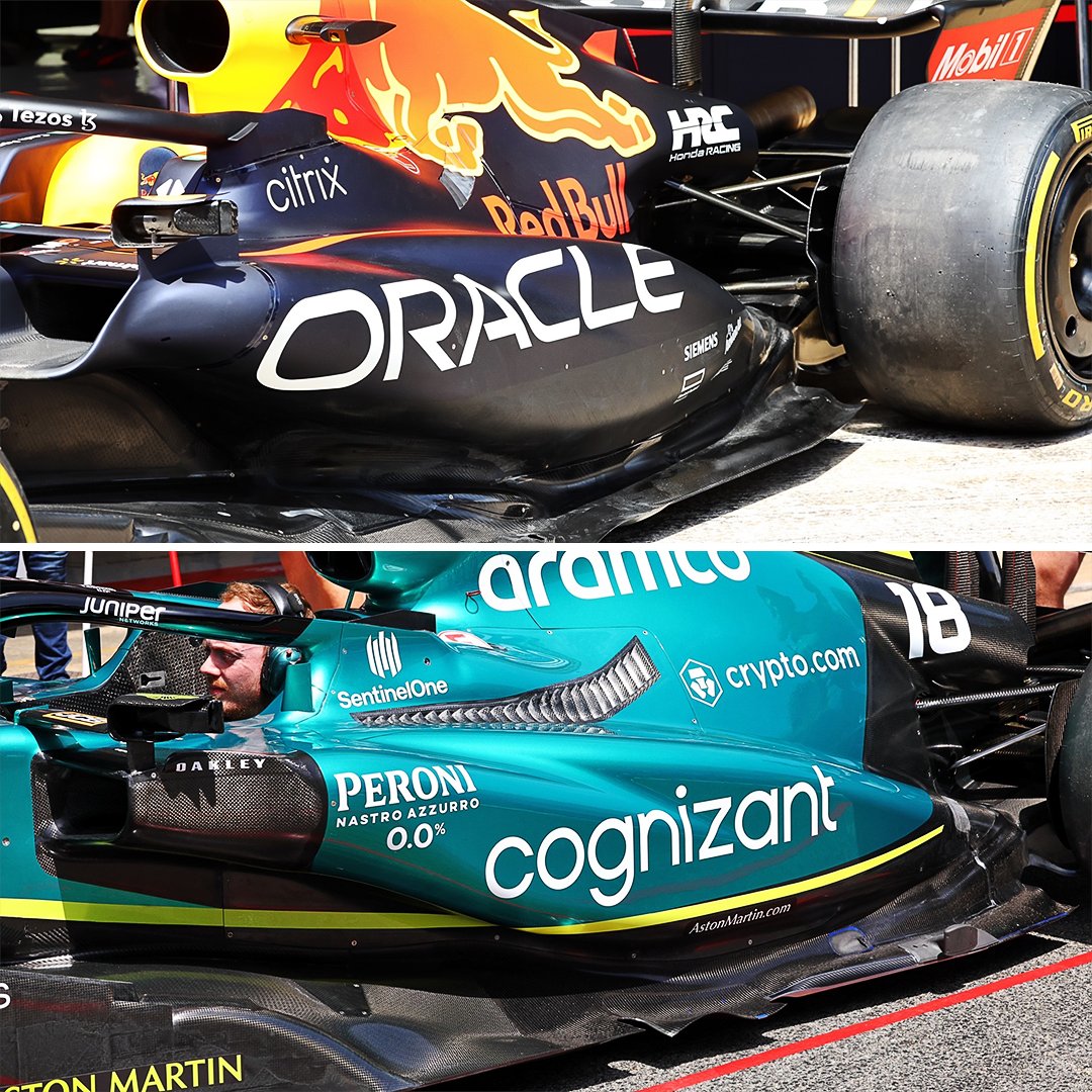 Porovnání bočnic Red Bullu a Aston Martinu - z růžového Mercedesu se stává zelený Red Bull
